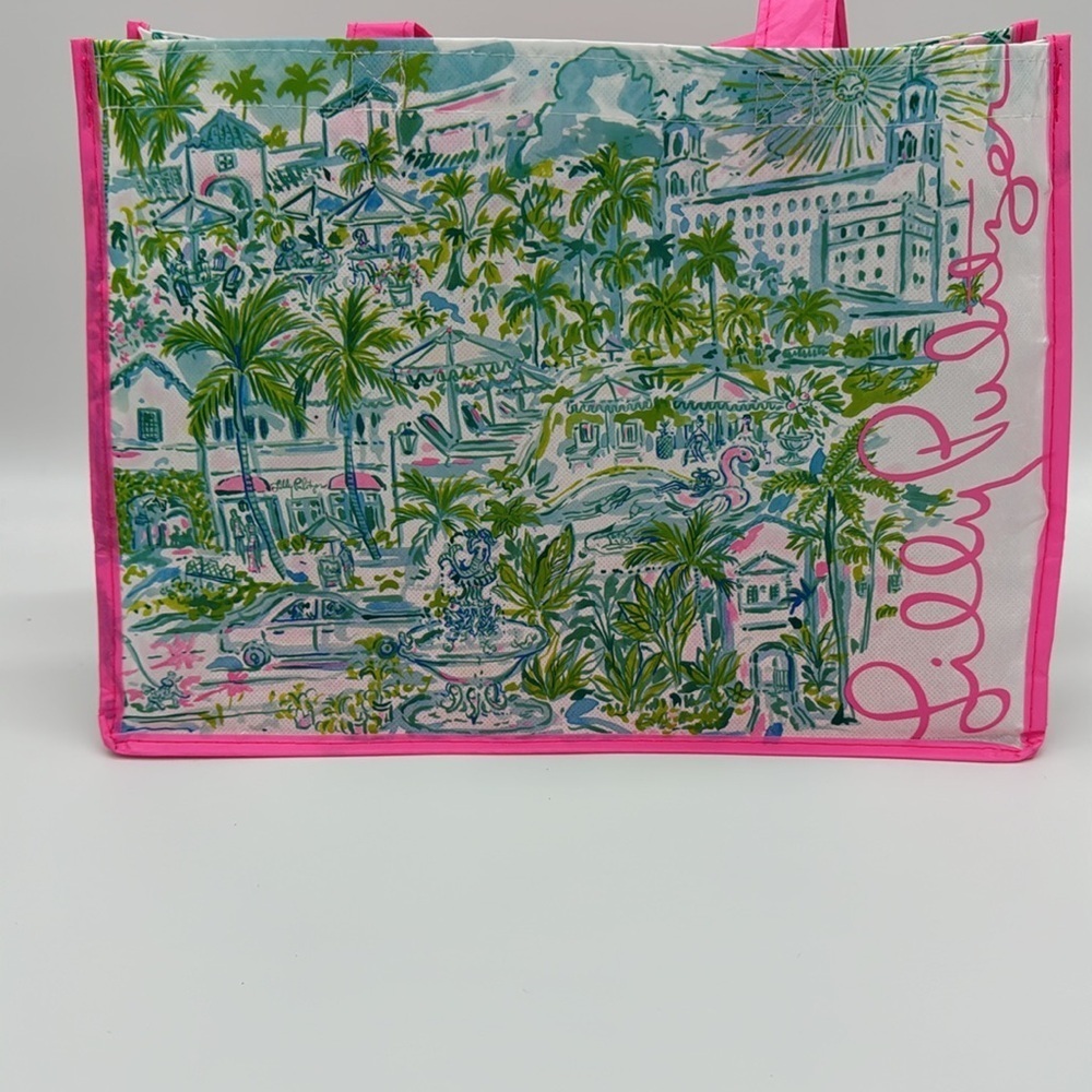 LILLY PULITZER Palm Beach Print Pink Reusable‎ Shopping Bag Tote 15”x 11”x 7” - Picture 2 of 7